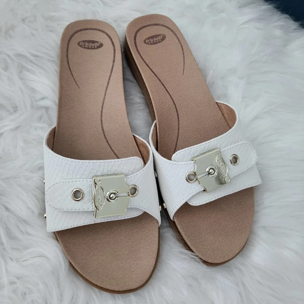 Dr. Scholl's White Buckle Slide Sandals